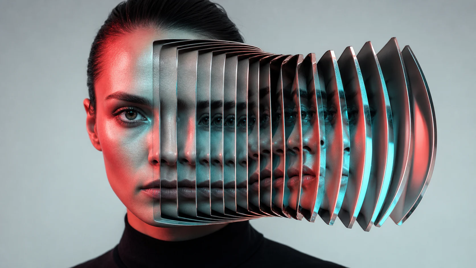 Portrait fanning out into curved glass layers under red and cyan studio light