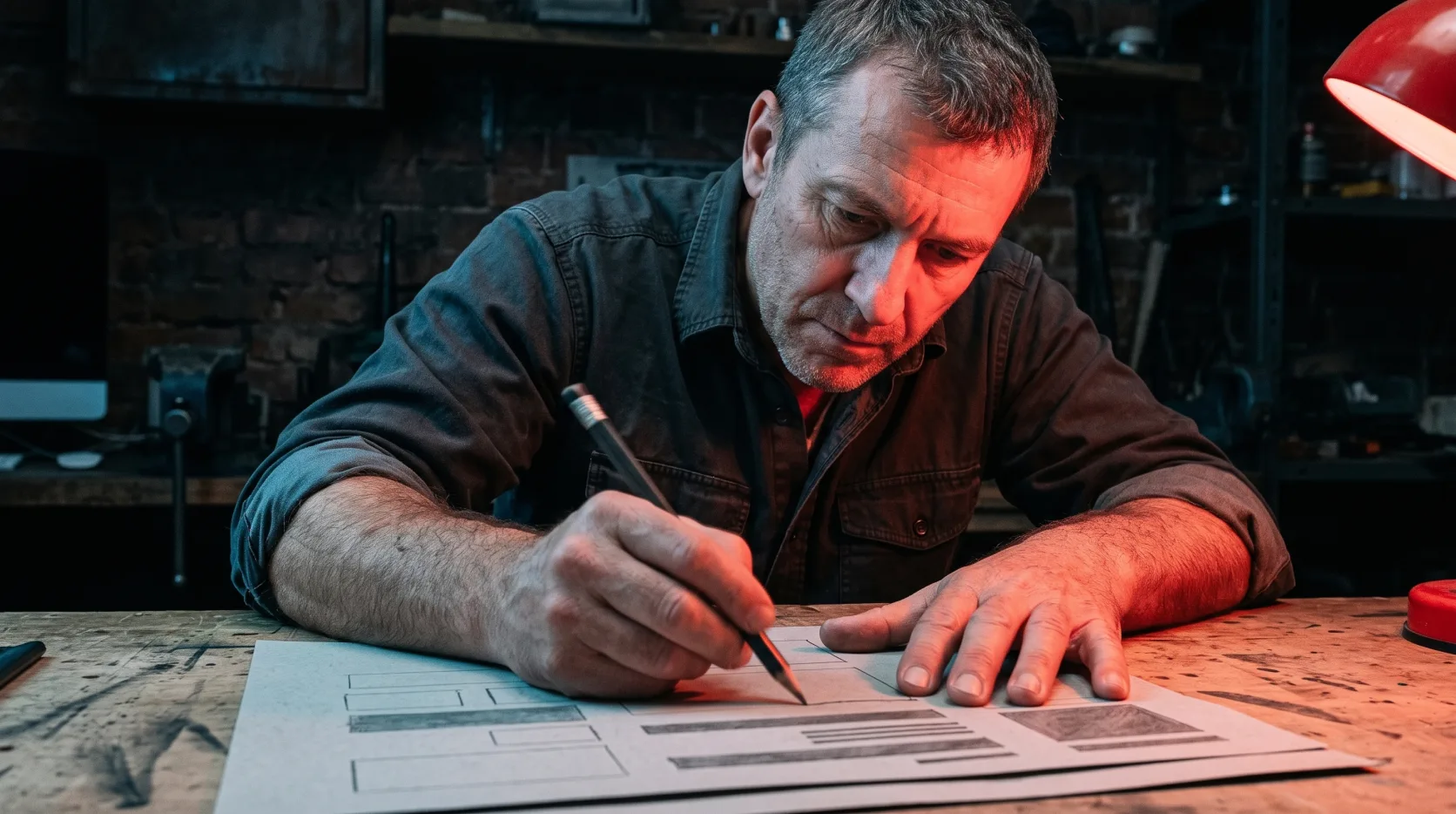 A grey-haired man leaning over a worn workbench, drawing a website layout in pencil under a red lamp
