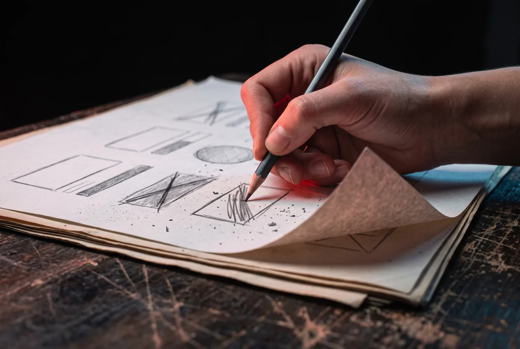 A hand shading and crossing out pencil-drawn layout blocks on layered paper, with a curled corner under red and blue light