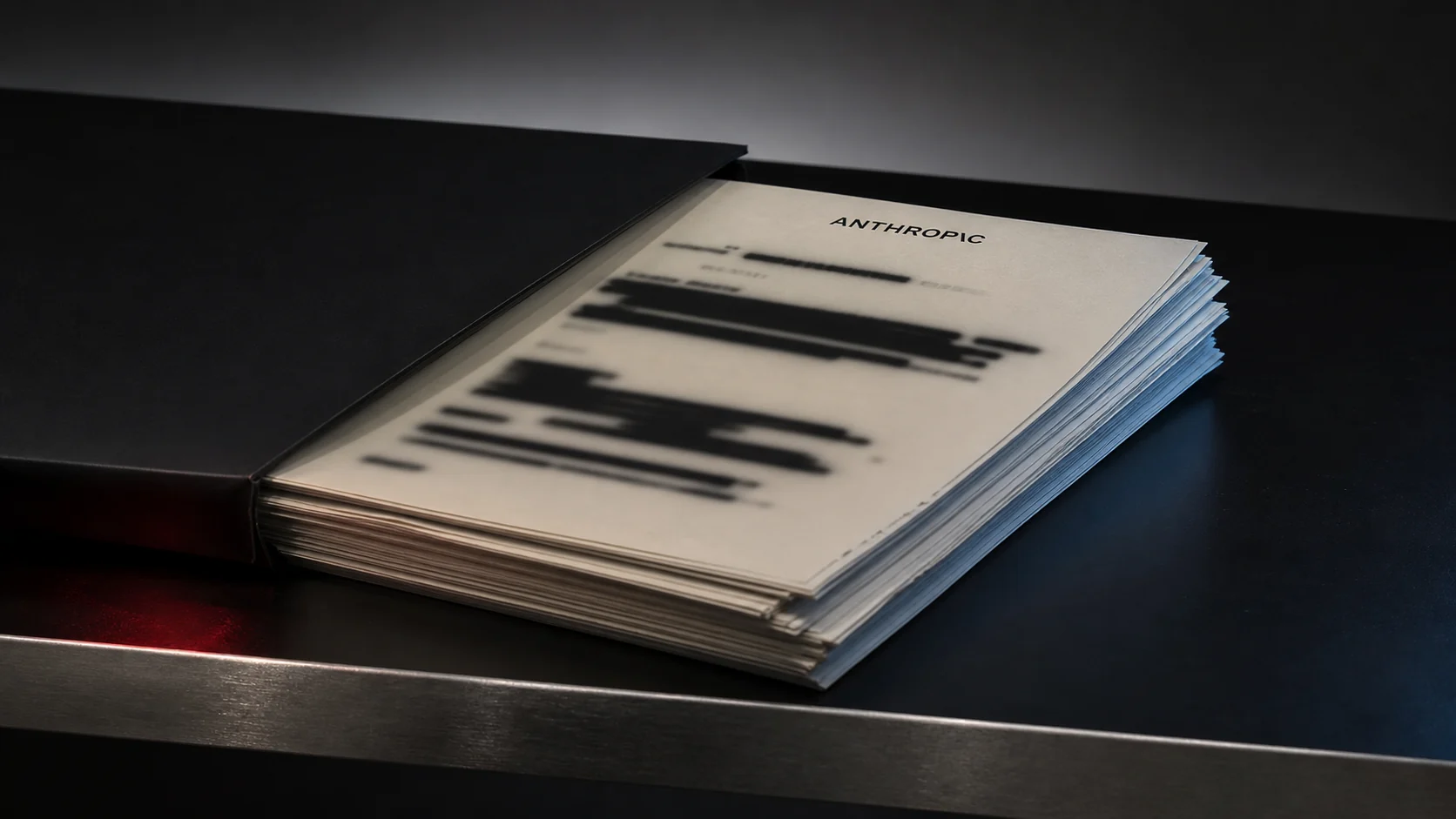 A stack of redacted Anthropic documents sliding out of a black archive box on a dark table