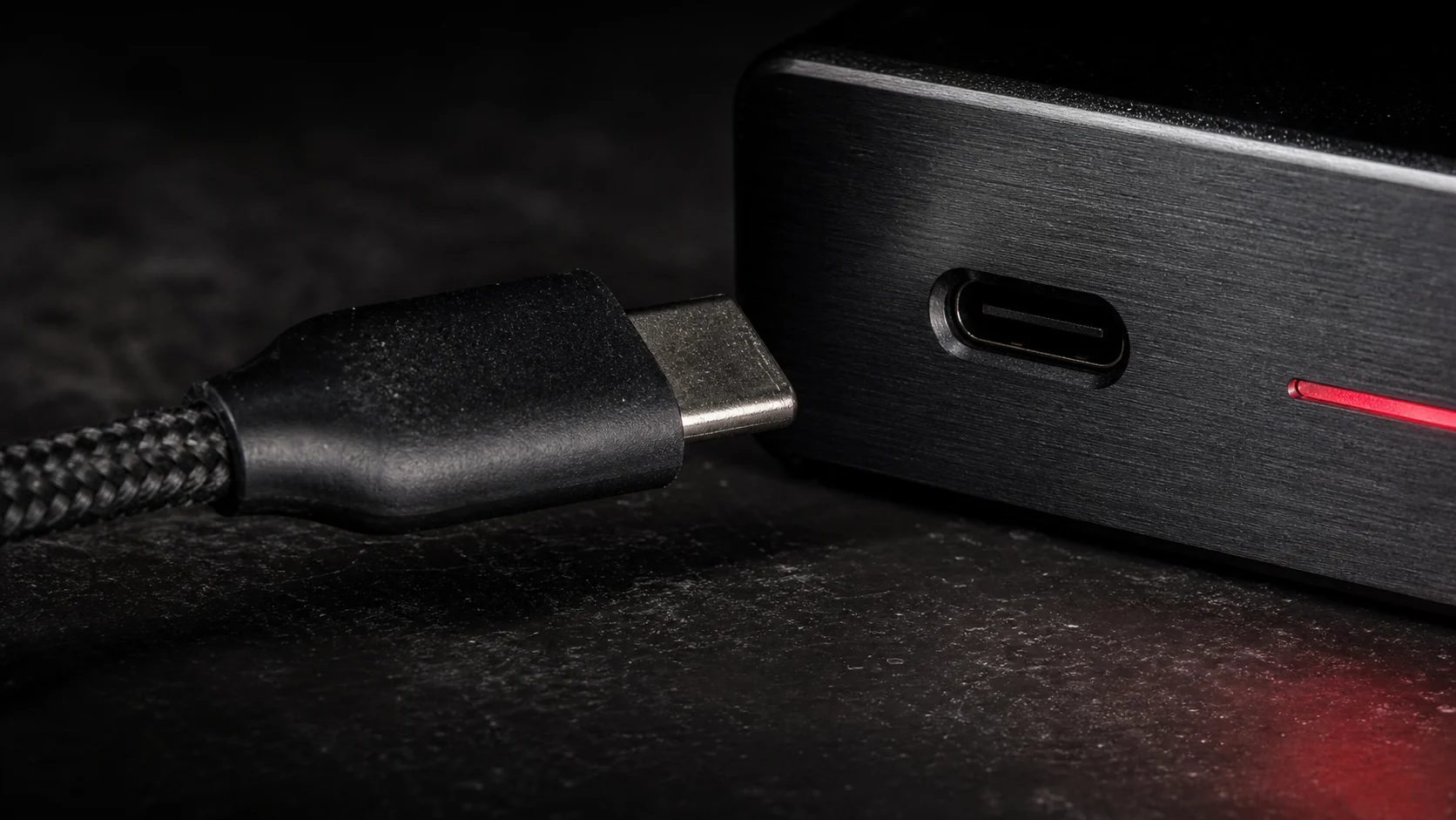 A USB-C cable unplugged from its port in close-up, a red status line glowing on the chassis