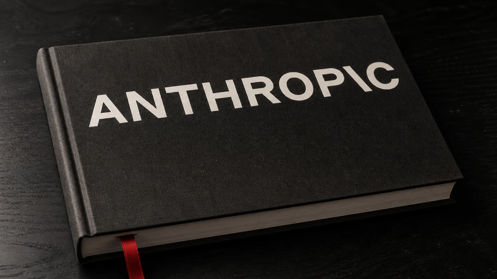 A bound research report with the Anthropic wordmark on its cover, lying on a dark table with a red ribbon bookmark