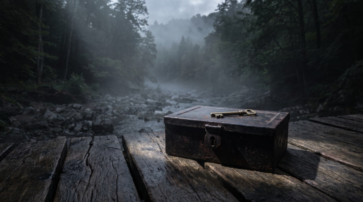 A small metal lockbox sitting on weathered wooden planks beside a creek bed, key resting on top, morning fog in the background