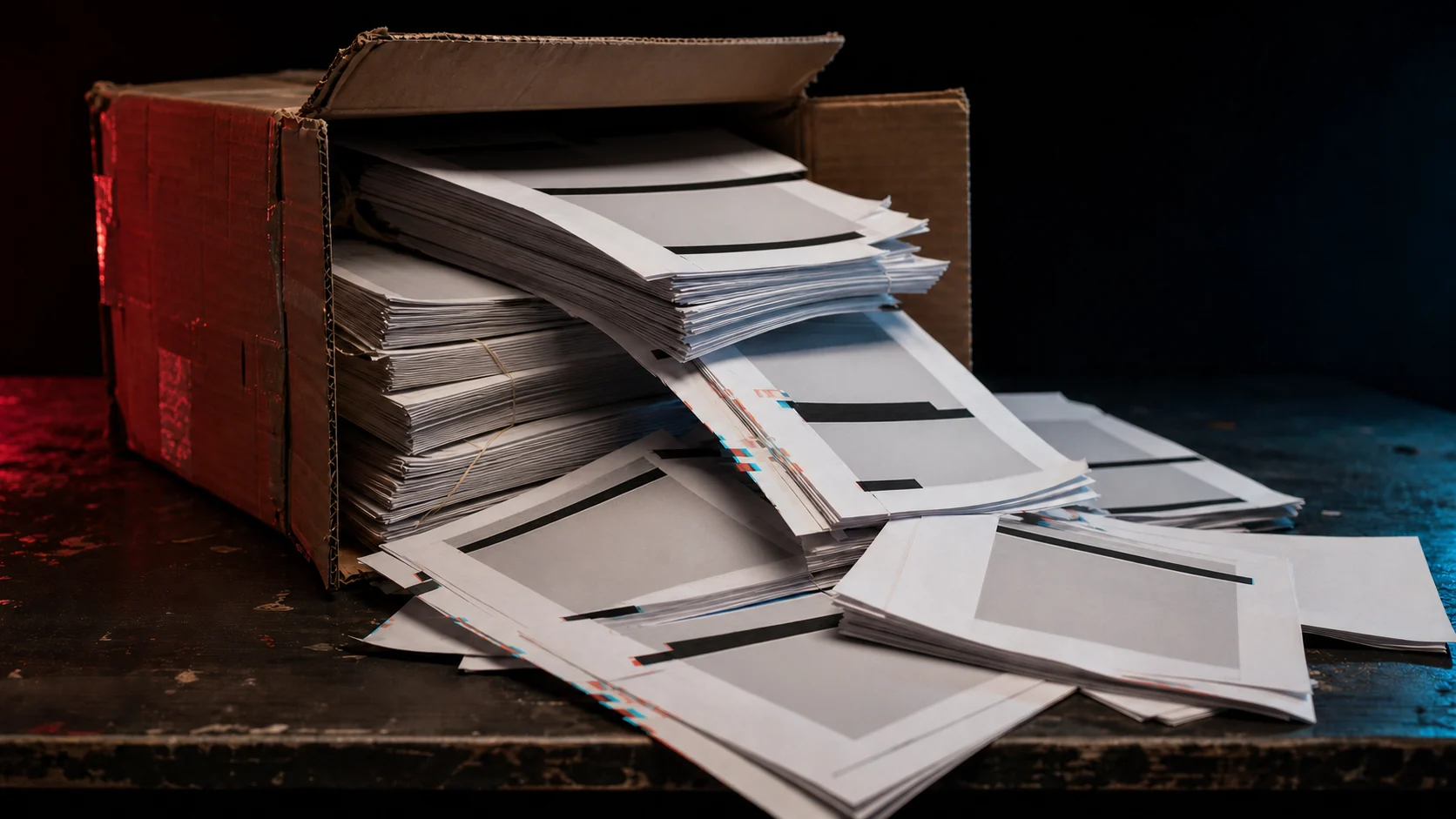 An opened cardboard box spilling stacks of redacted documents across a dark table