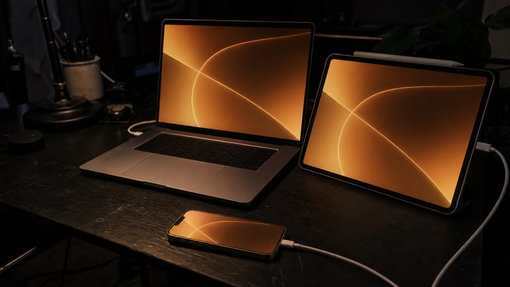 MacBook, iPad and iPhone on a dark desk all glowing with the same work in progress