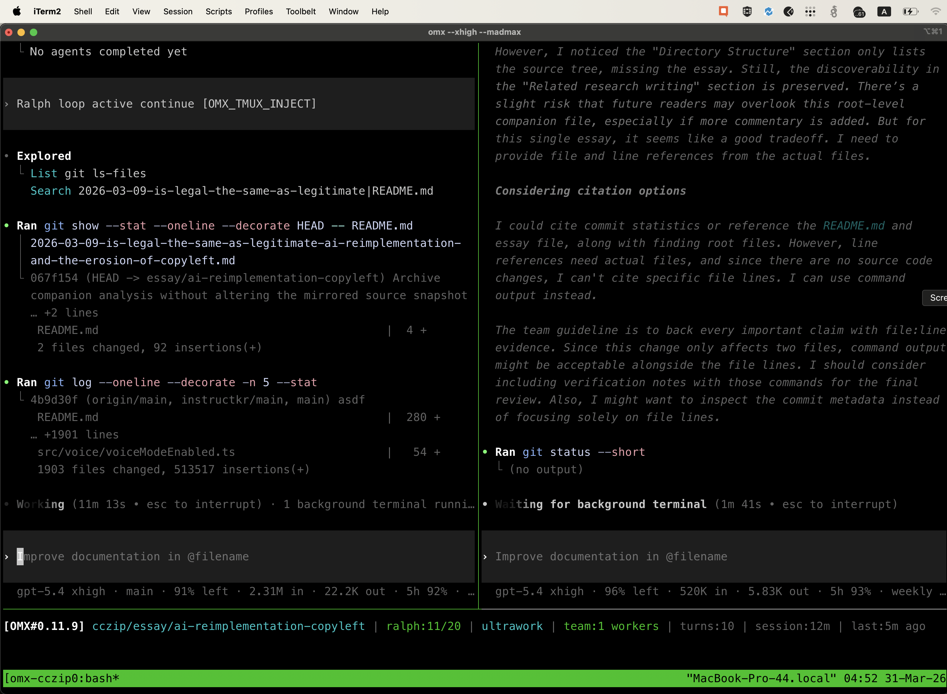 The OMX status bar showing ralph mode, ultrawork and team workers running simultaneously
