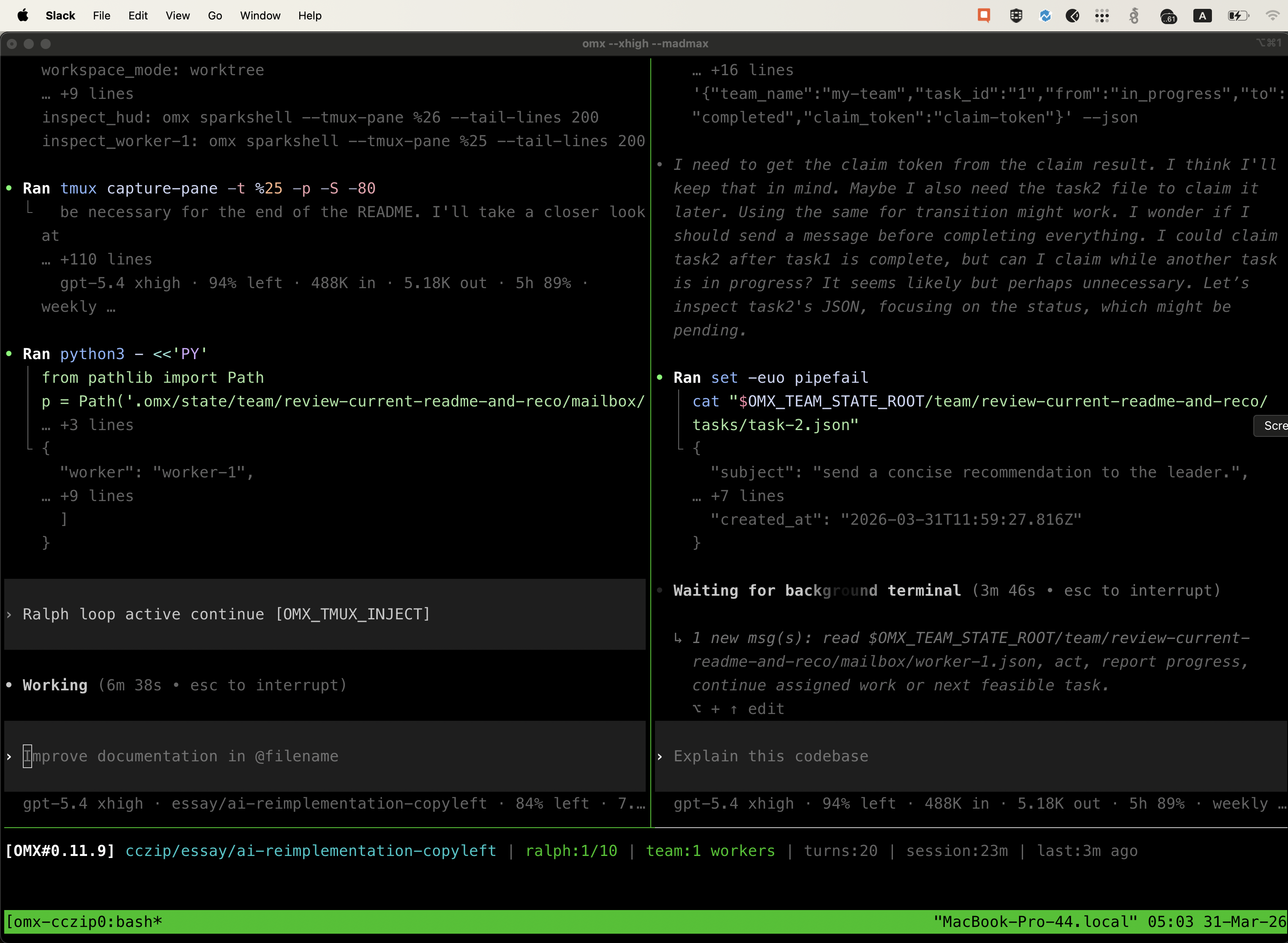 OMX Ralph loop in action — multiple agents working in parallel across tmux panes, running persistent verification loops