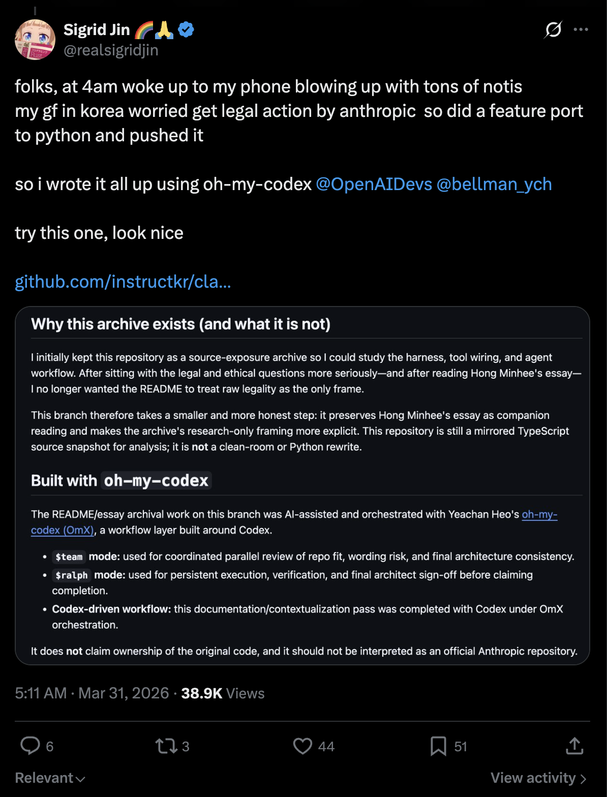 Sigrid's tweet announcing the claw-code repo, built entirely with oh-my-codex