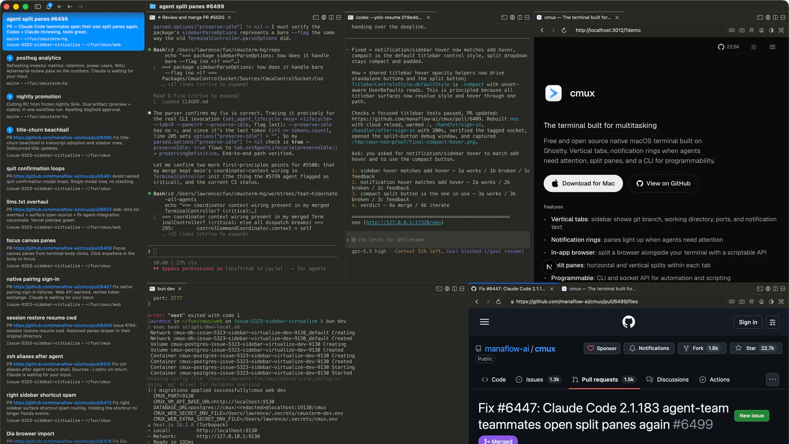 The official cmux workspace showing agent panes, a browser and pull-request evidence together