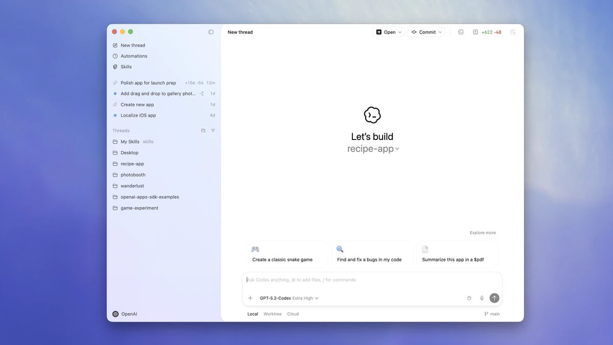 The official Codex app workspace with project threads, tasks, worktree controls and a prompt composer