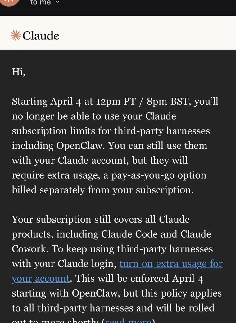 Email screenshot from Claude Team stating that third-party harnesses including OpenClaw would no longer use Claude subscription limits and would require extra pay-as-you-go usage