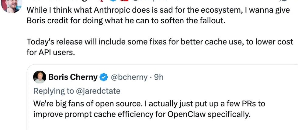 Peter Steinberger highlighting Anthropic's ecosystem impact and Boris Cherny's effort to soften the fallout for OpenClaw