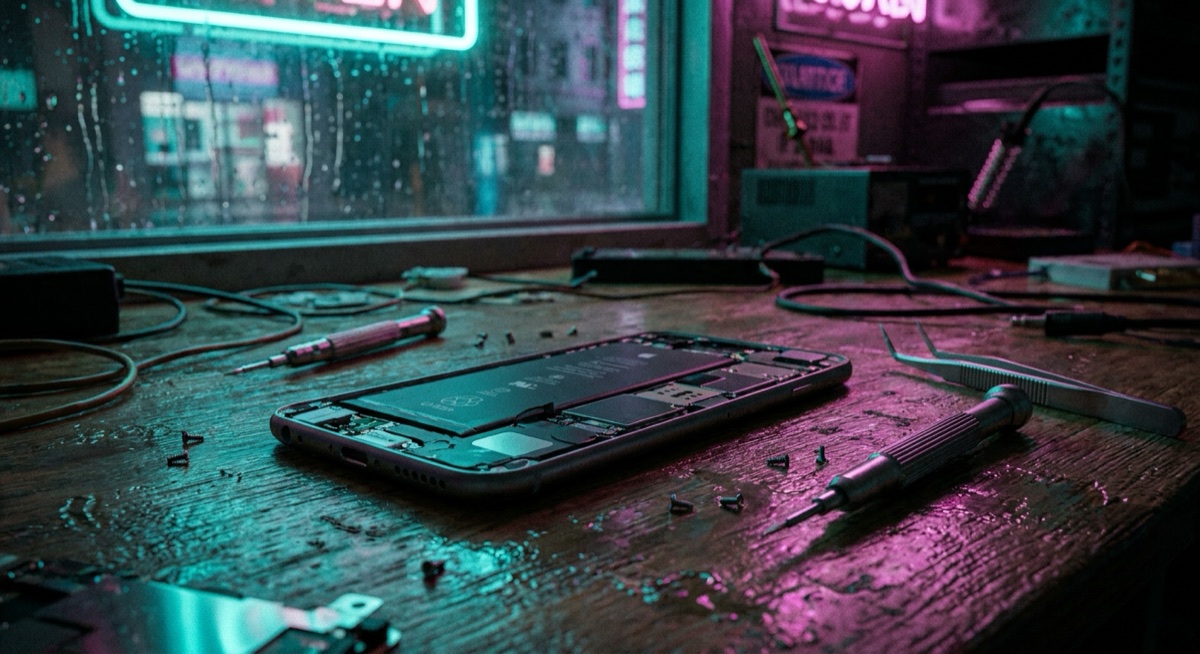 An opened smartphone on a repair bench, screws and precision tools scattered around it, as if someone else just serviced it