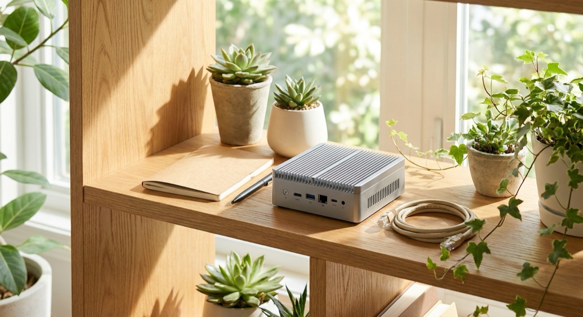 A small fanless mini computer on a wooden shelf beside a paper notebook and pen, a network cable coiled next to it