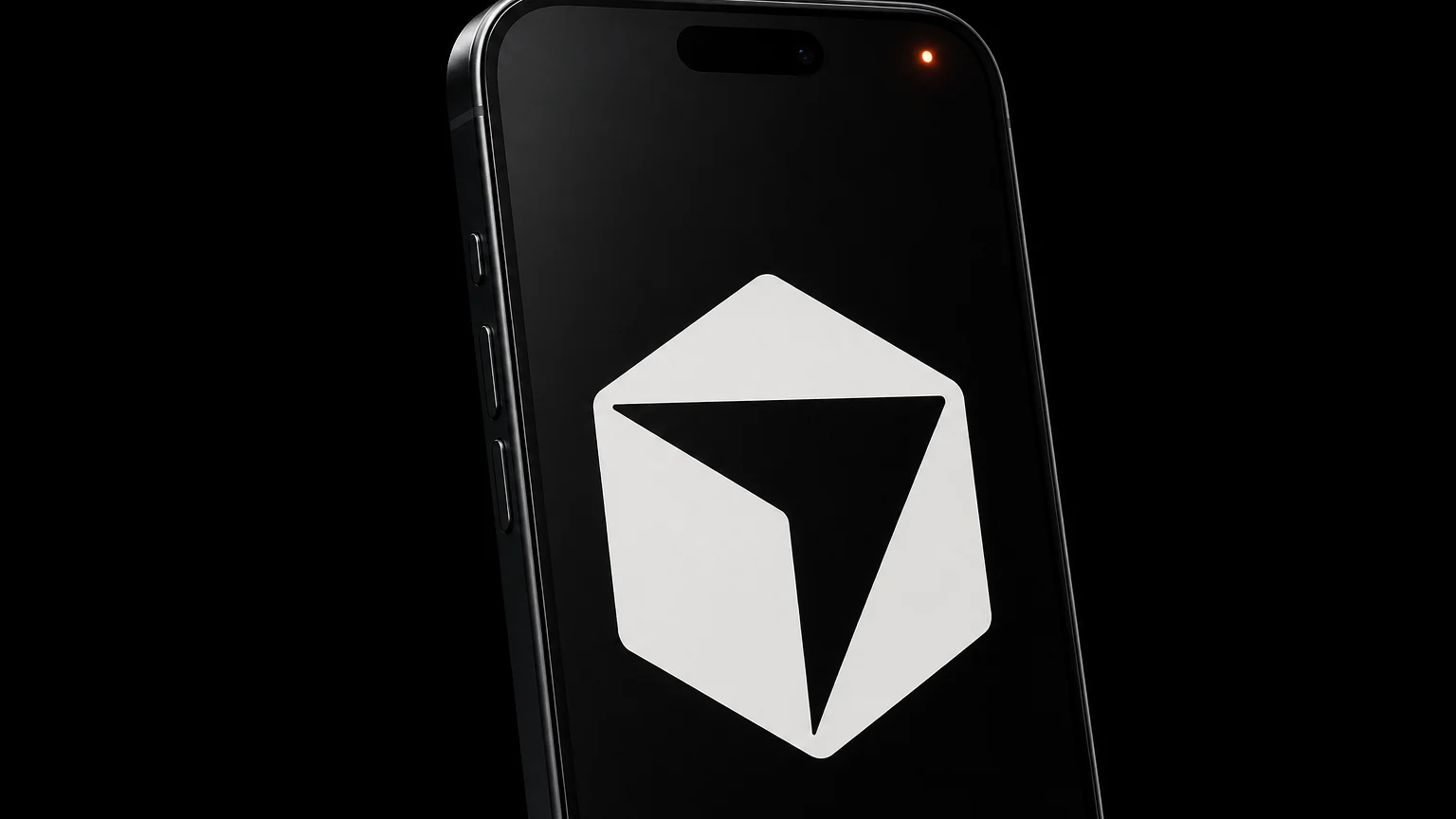 An iPhone in close-up with the Cursor logo large on screen and an orange privacy indicator glowing in the corner