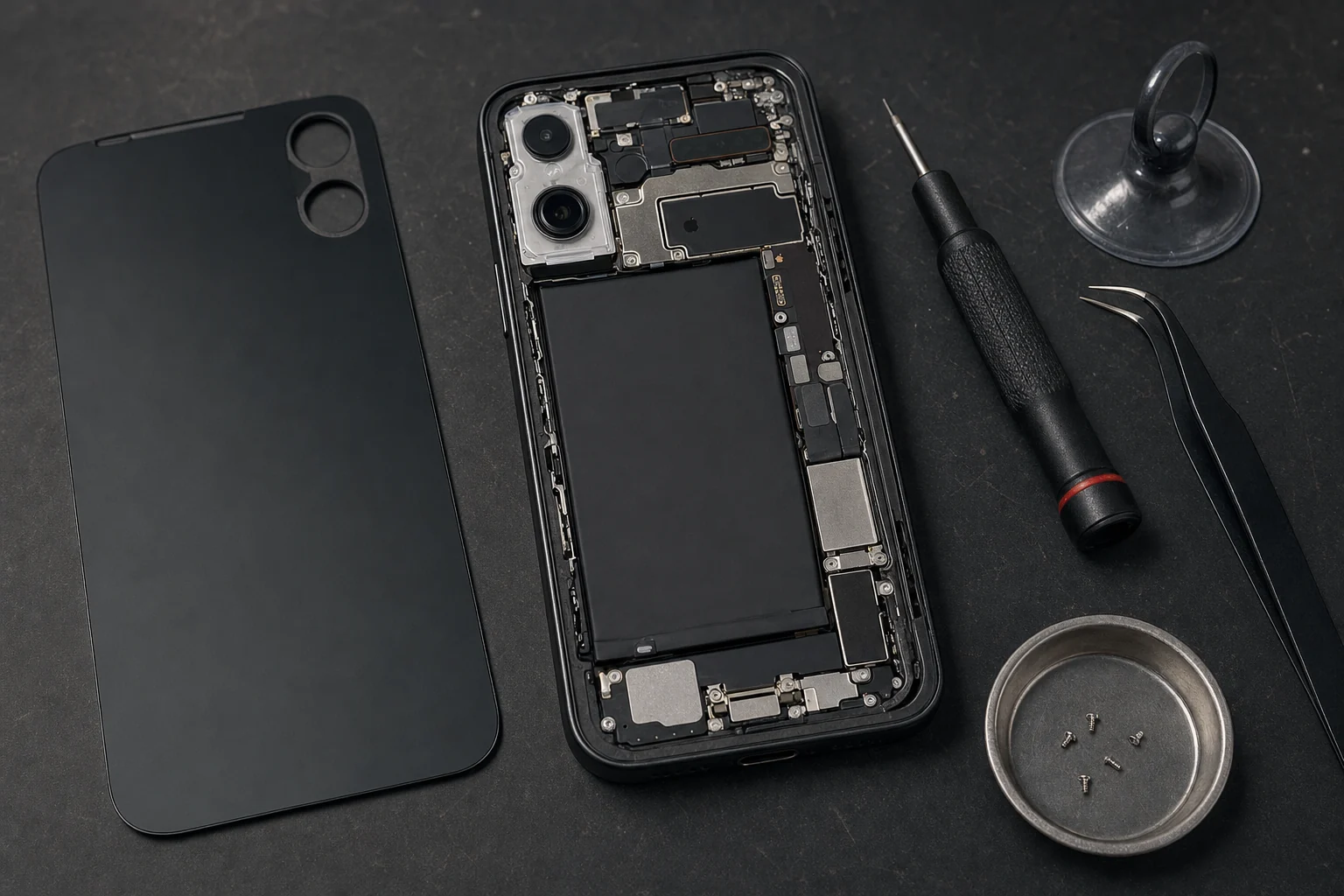 An iPhone opened on a dark workbench, back panel off, precision tools and screws laid out beside it
