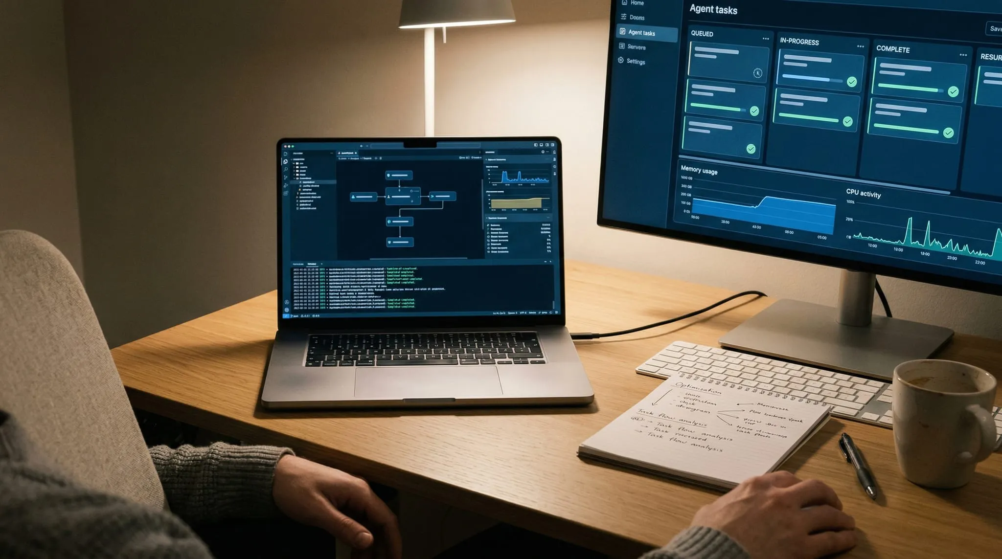 Agent task dashboard showing queued, in-progress and completed tasks alongside system monitoring