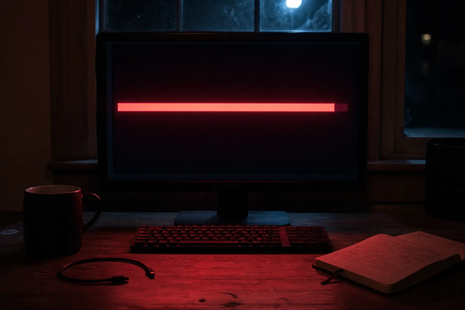 A monitor on a cluttered desk at night, a terminal showing one wide crimson progress bar almost full