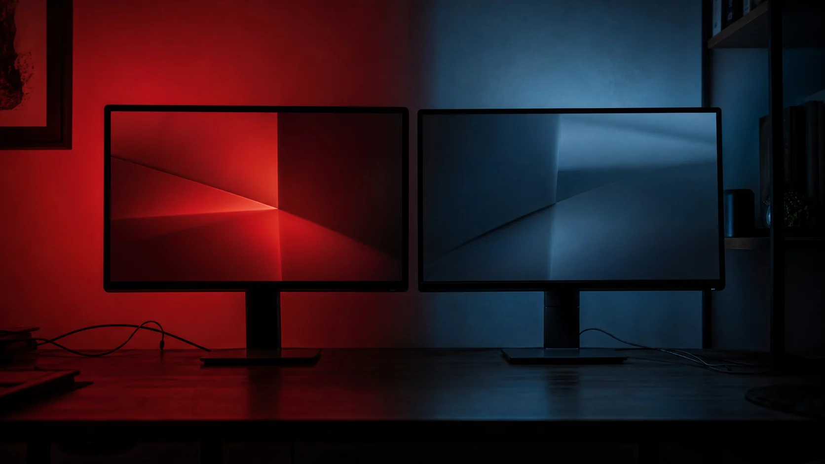 Two monitors side by side in a dark room, one bathing the wall in red light and the other in blue