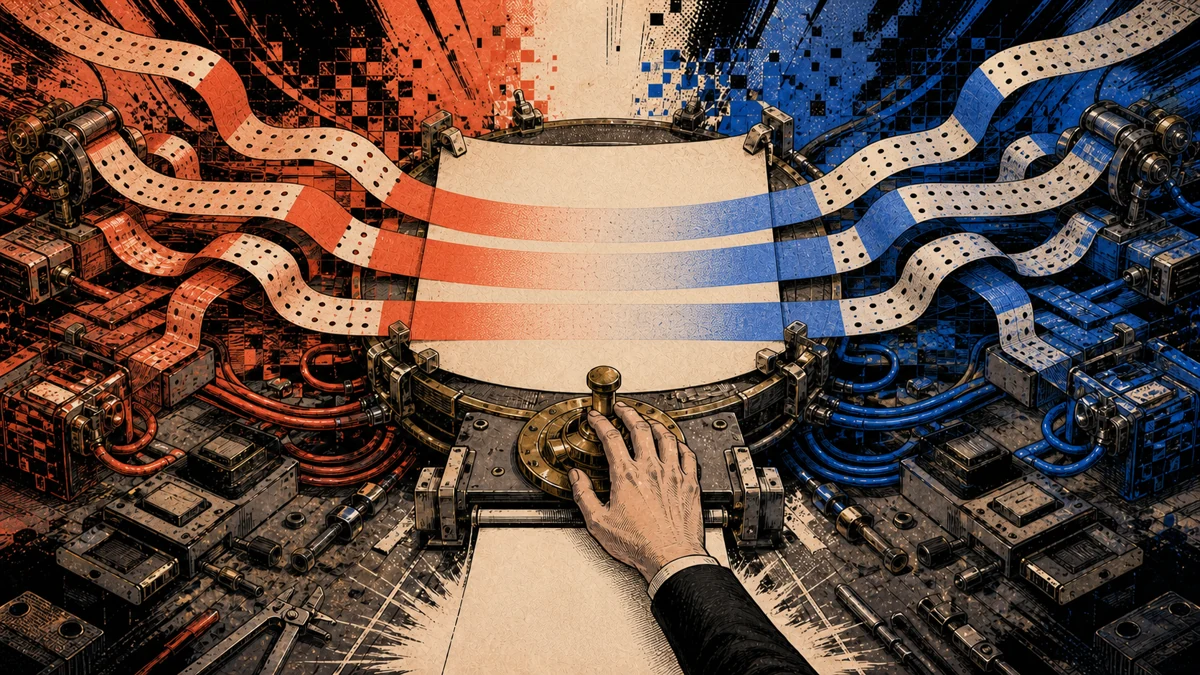 Red and blue data streams converging at a review gate controlled by a human hand