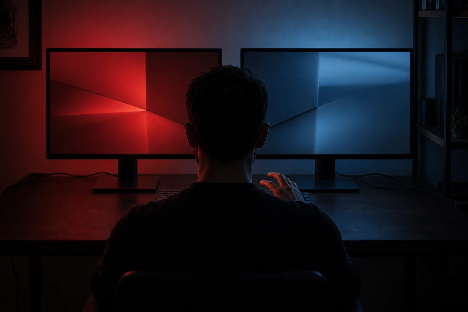 A silhouetted figure at a desk between two monitors, one washing the room in red and the other in blue, hand paused above the keyboard