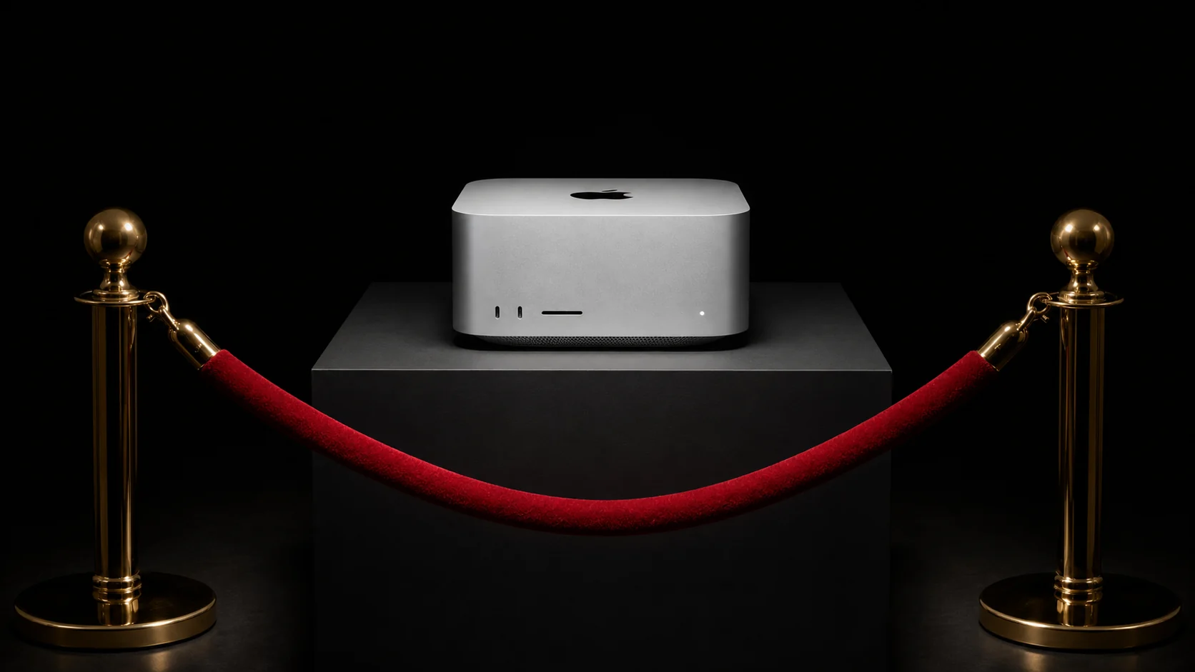 A Mac Studio on a plinth behind a red velvet rope with brass stanchions