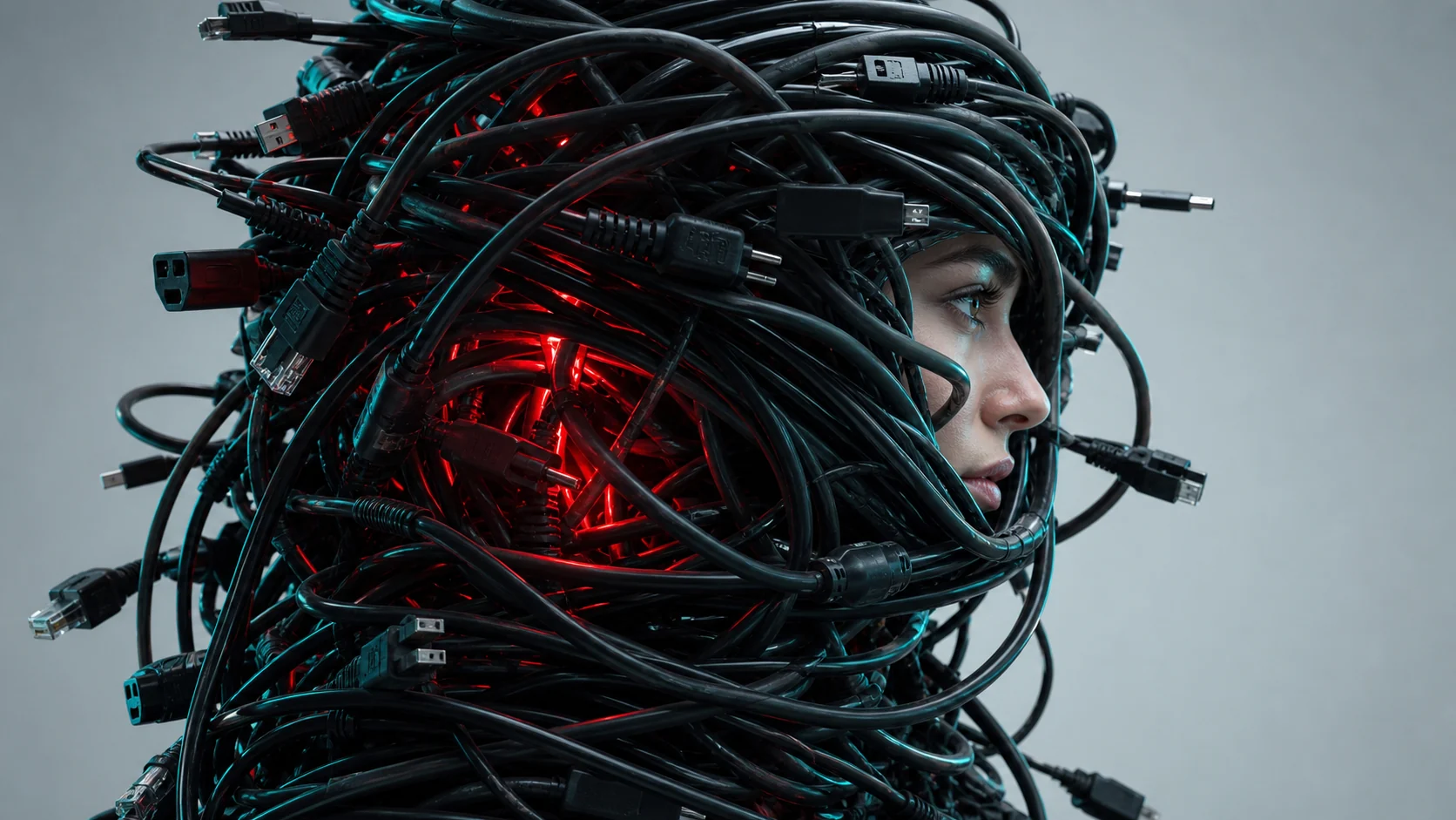 A figure in profile almost entirely engulfed by a swirling mass of black cables with a red glow deep inside