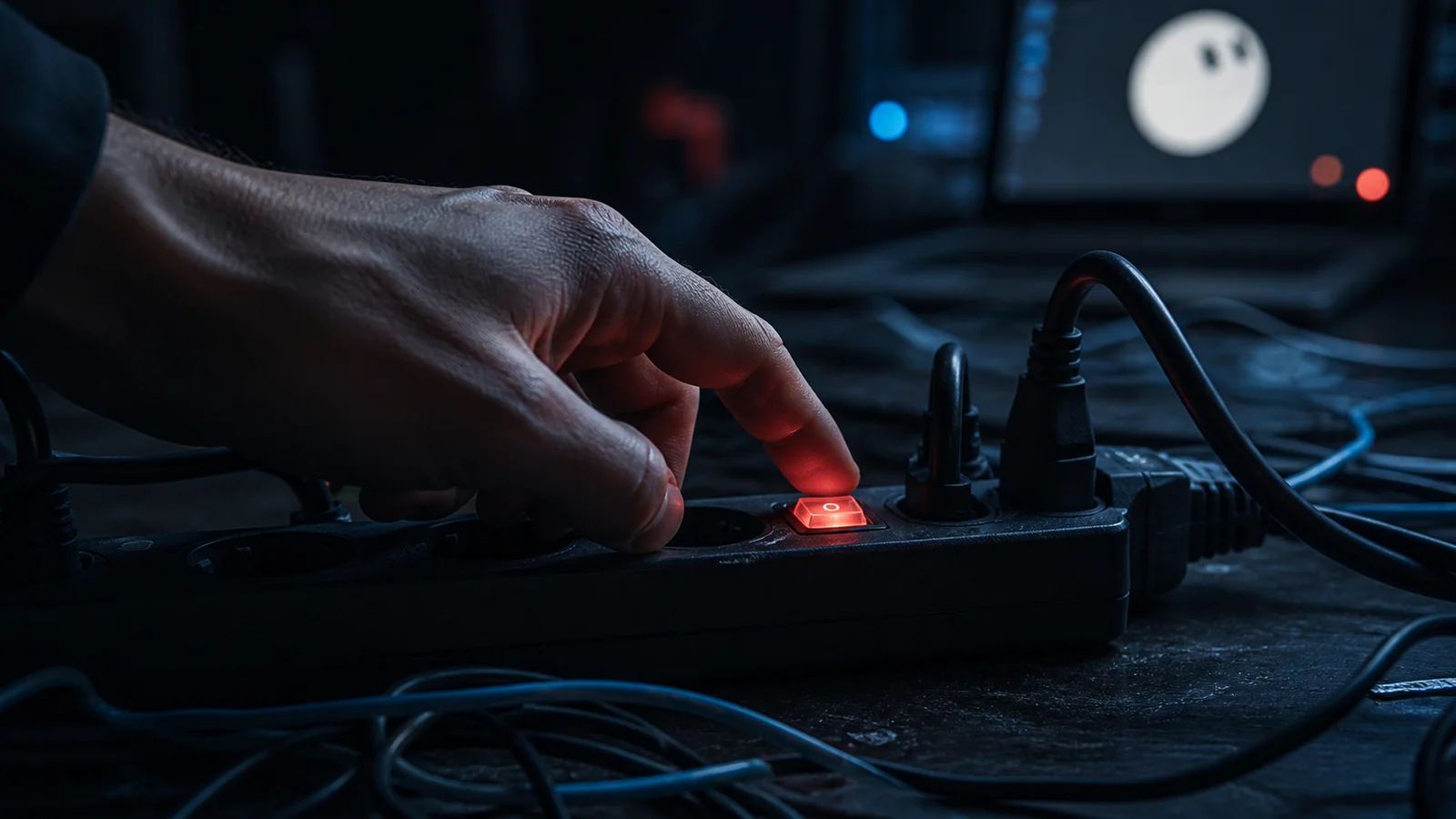 A hand hovering over the illuminated switch on a cabled power strip, with Grok Bot blurred on the monitor behind