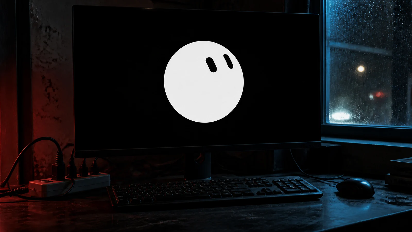A worn night-time workstation displaying Grok Bot's white two-eyed mark, lit by crimson and cyan