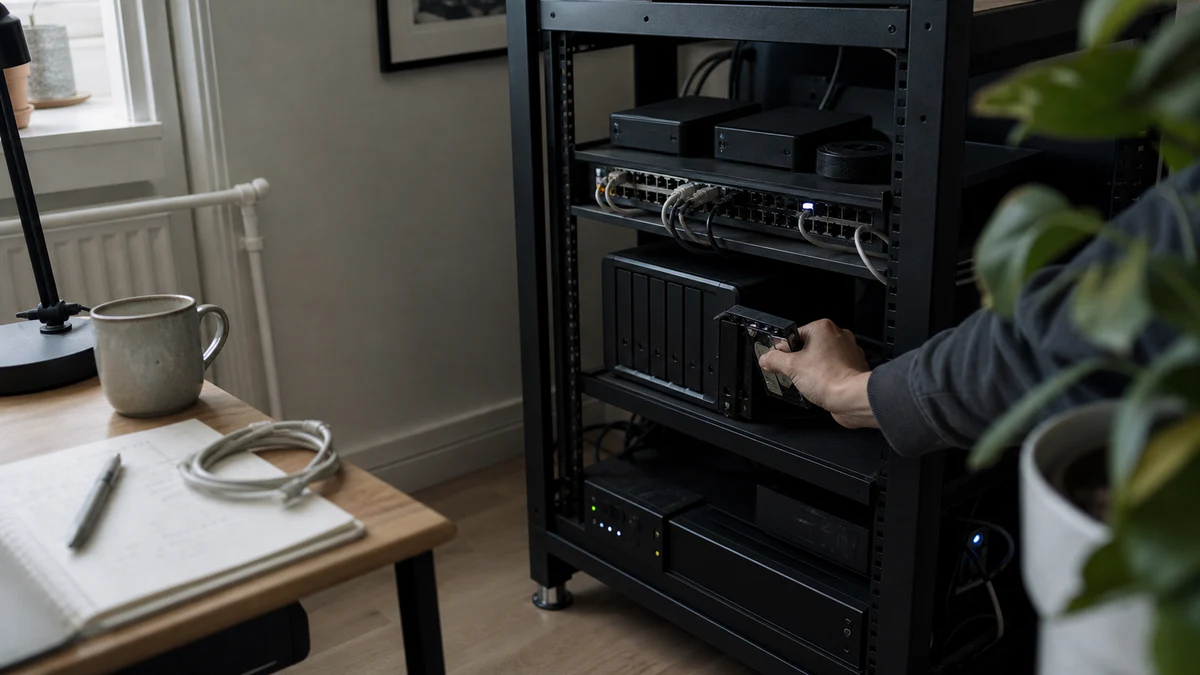 A person checking a backup drive in a compact home server rack