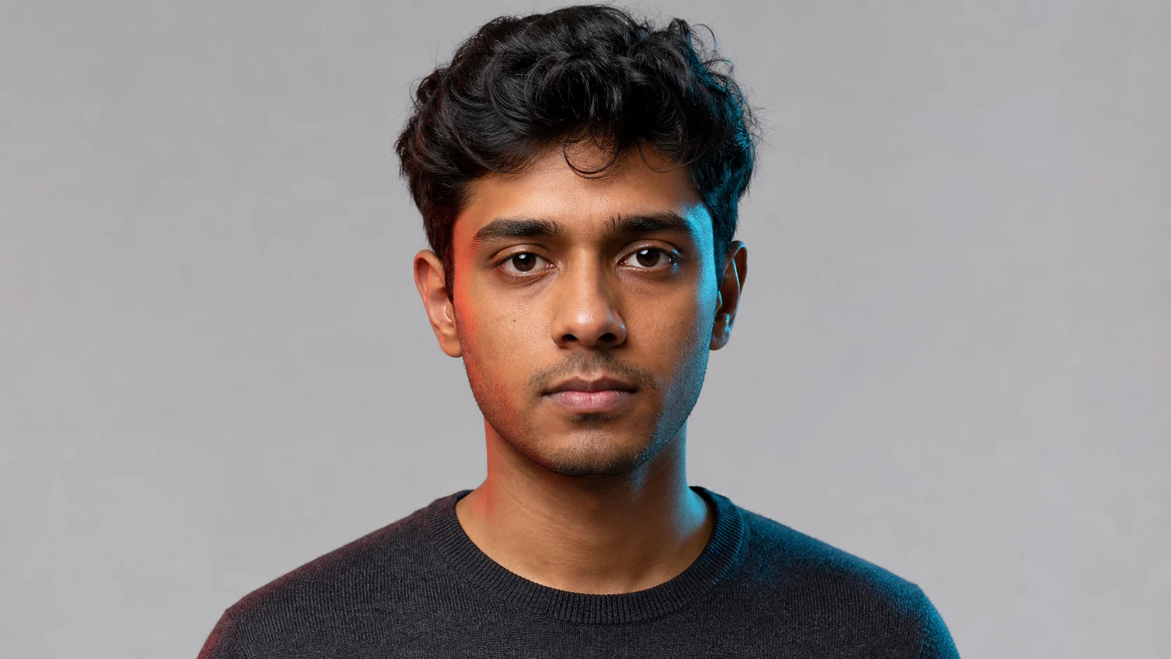 A young developer facing the camera against a light grey backdrop in subtle red and blue split light