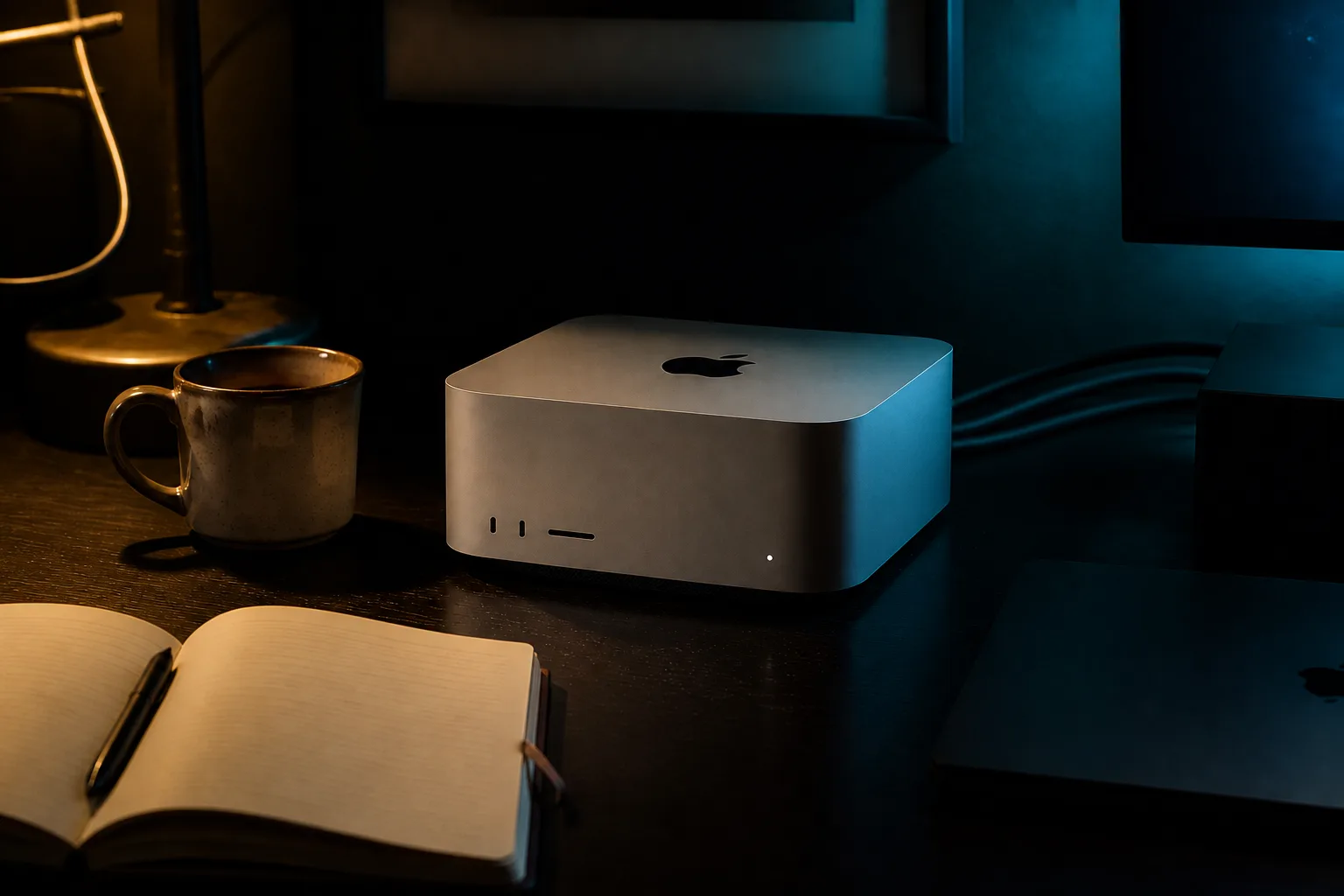 A closed MacBook Pro pushed to the edge of a desk, a Mac Studio in the light where it used to sit