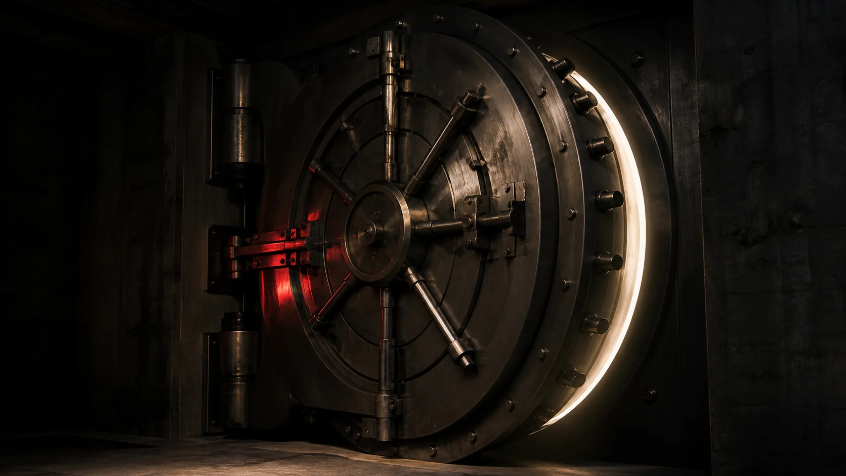 A massive steel vault door slightly ajar with warm light escaping into the dark