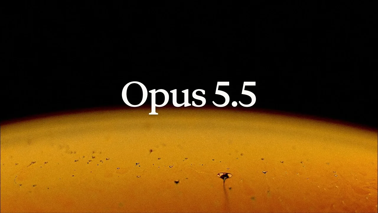 The Opus 5.5 wordmark in white above an orange horizon glowing against black