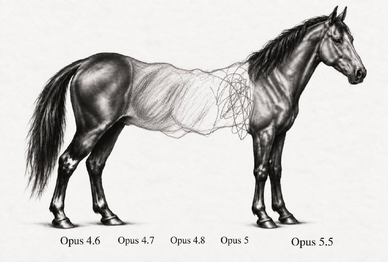 Black-and-white horse facing right: detailed hindquarters labelled Opus 4.6, a rough torso labelled Opus 4.7, a faint outline labelled Opus 4.8, scribbles labelled Opus 5 and a detailed chest and head labelled Opus 5.5.