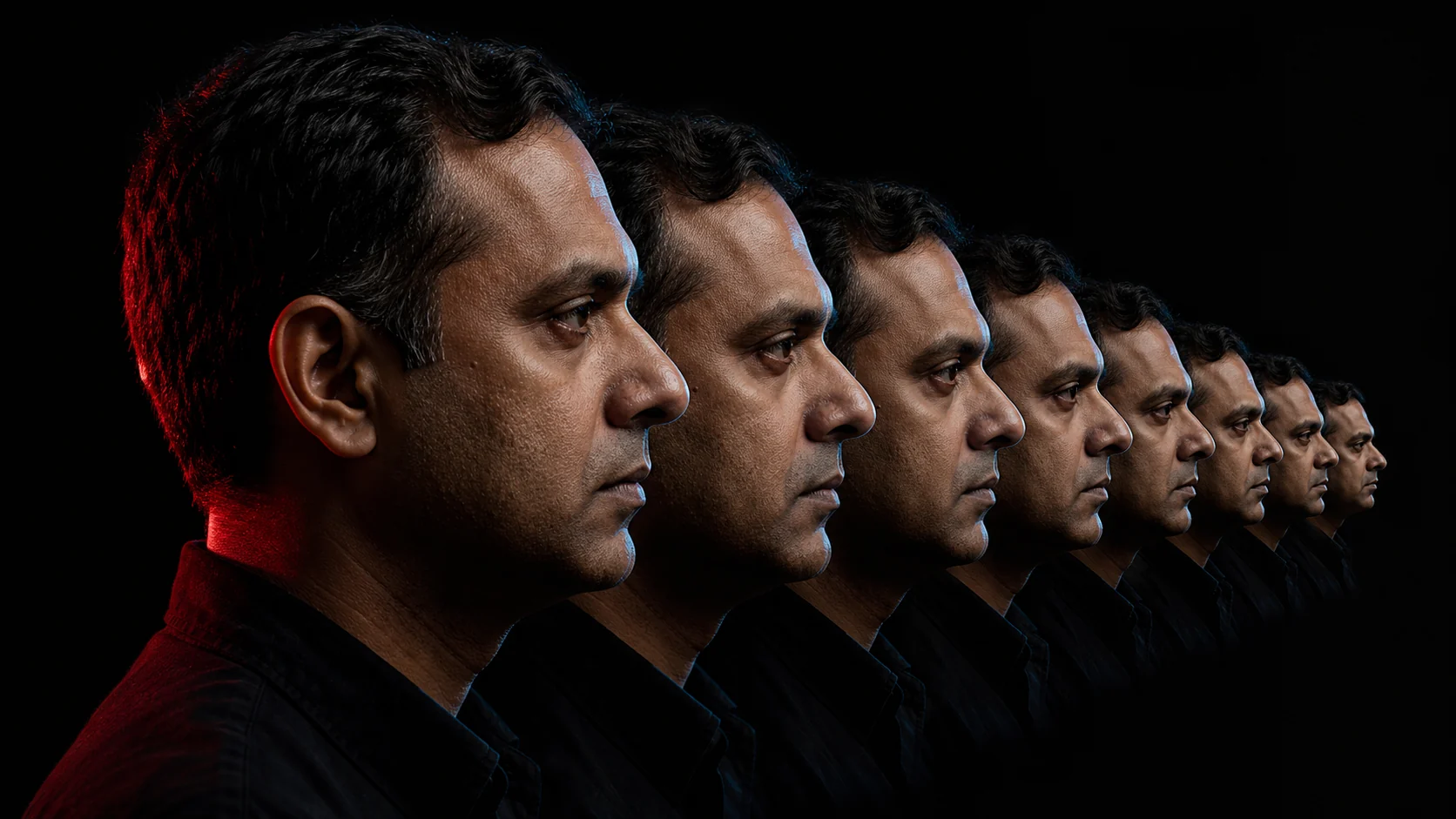 A profile portrait repeating backwards into the dark, day after day in the driver seat