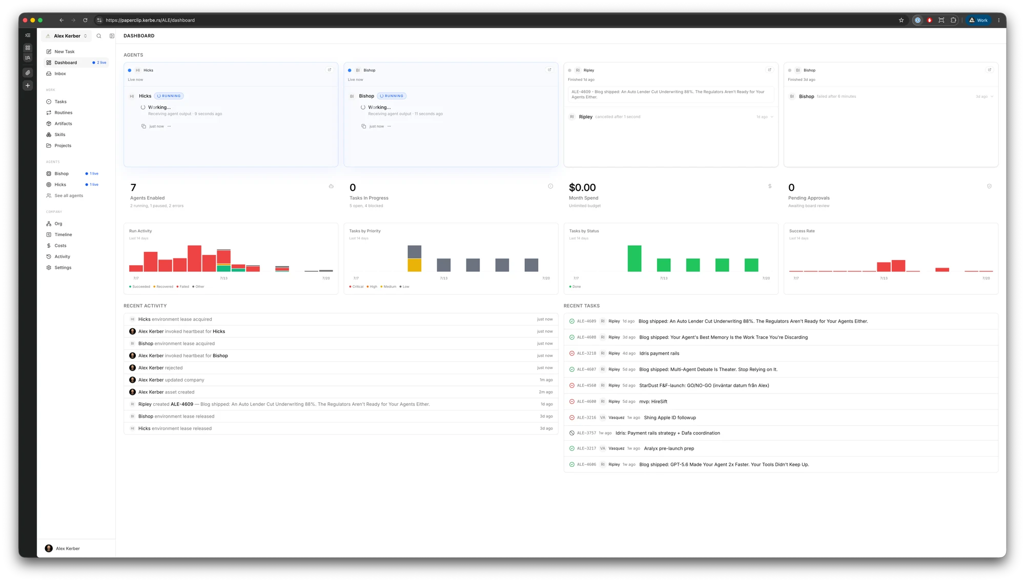 My live Paperclip dashboard: Hicks and Bishop running, task queues, run activity and success rate for the last 14 days