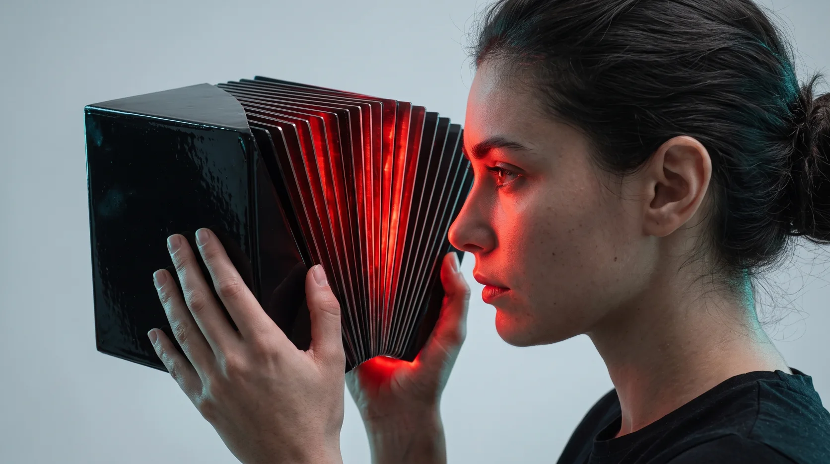 A woman in profile holds a glossy black cube that fans open into thin slices, with red light from inside it on her face