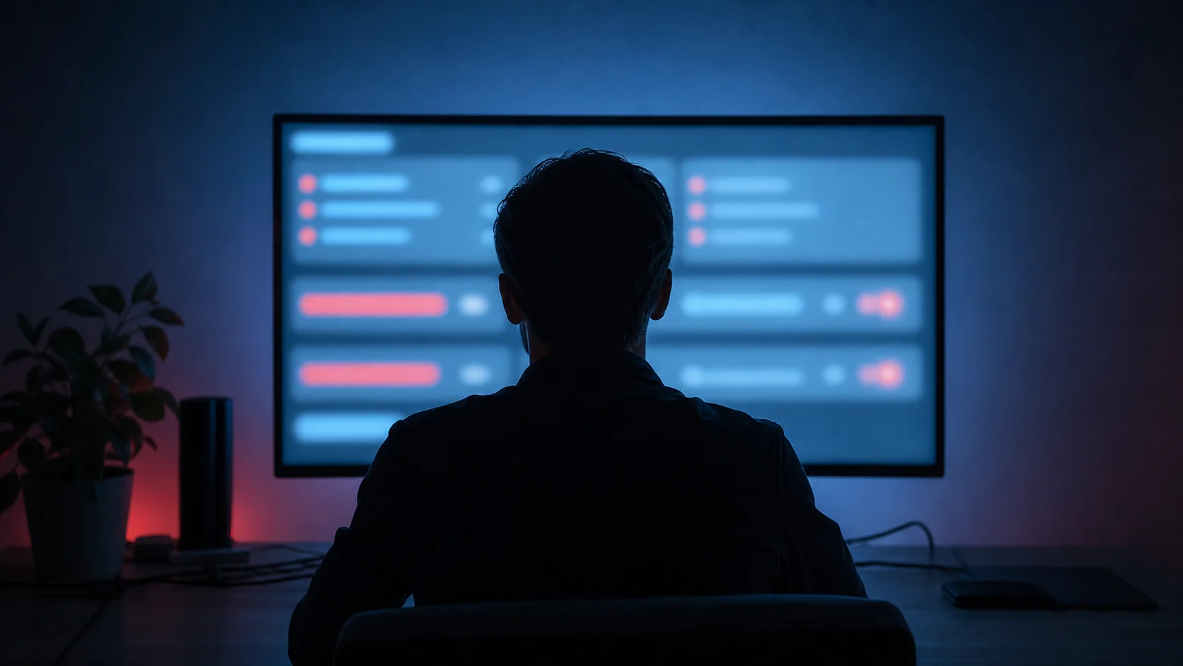 A silhouetted figure at a desk facing a large dashboard screen glowing blue and red in a dark room