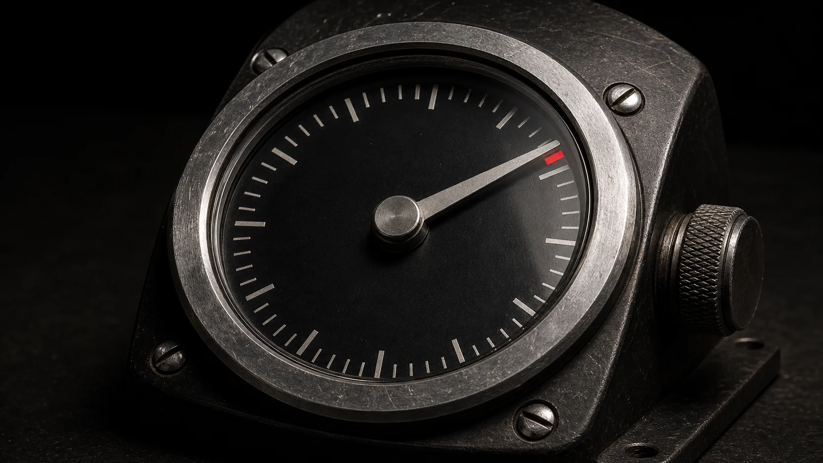 A weathered mechanical timer in close-up with its needle near a red mark on the dial