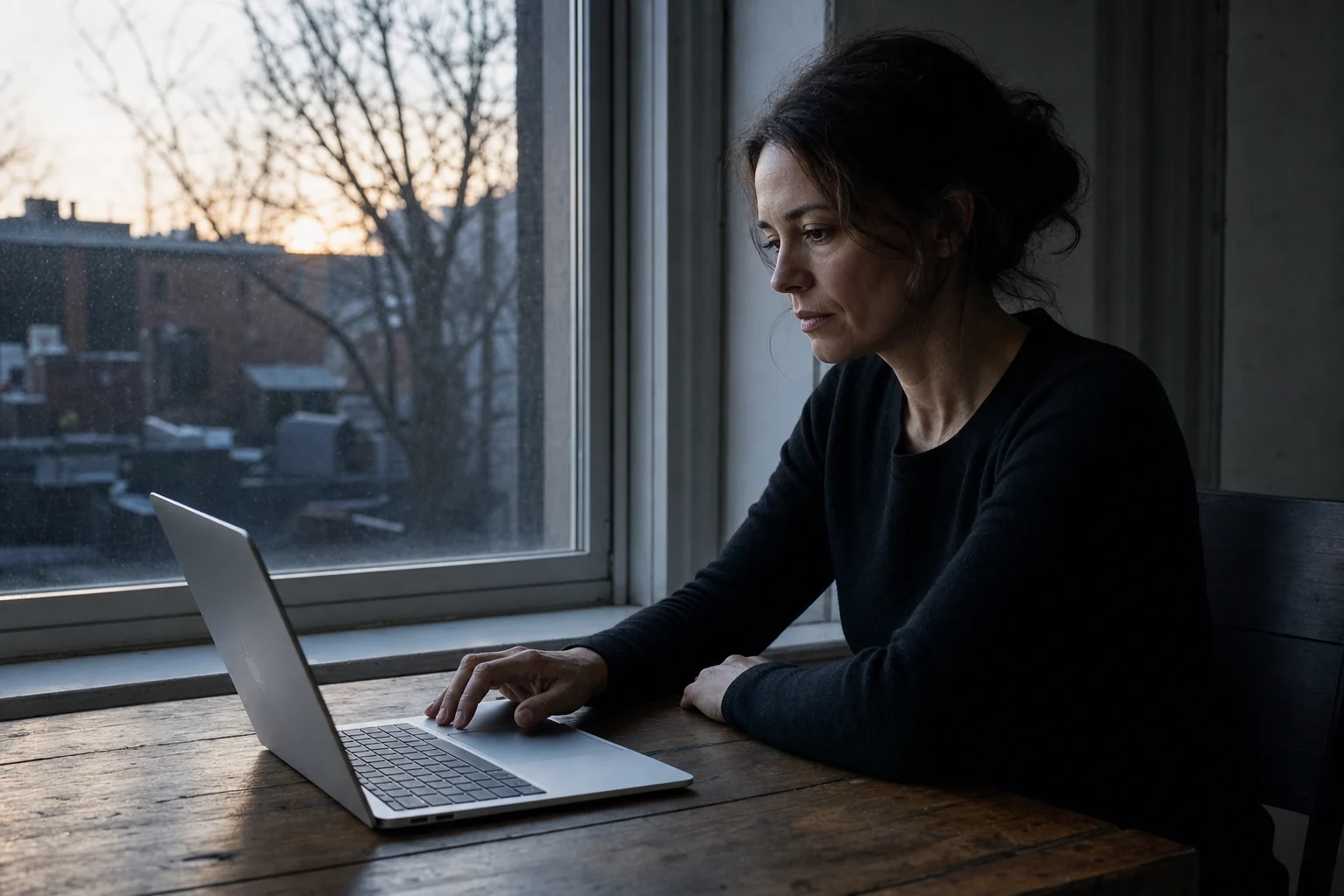 Working at a MacBook by a window in early morning light