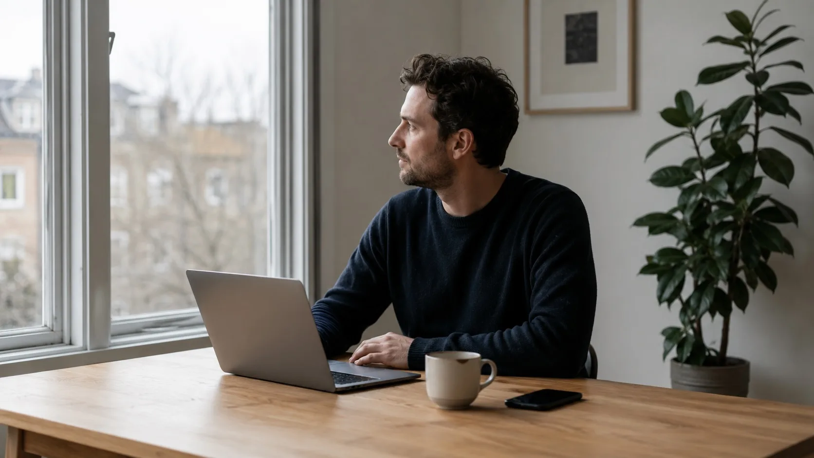 A man working on a laptop at a wooden desk by a window in soft morning light