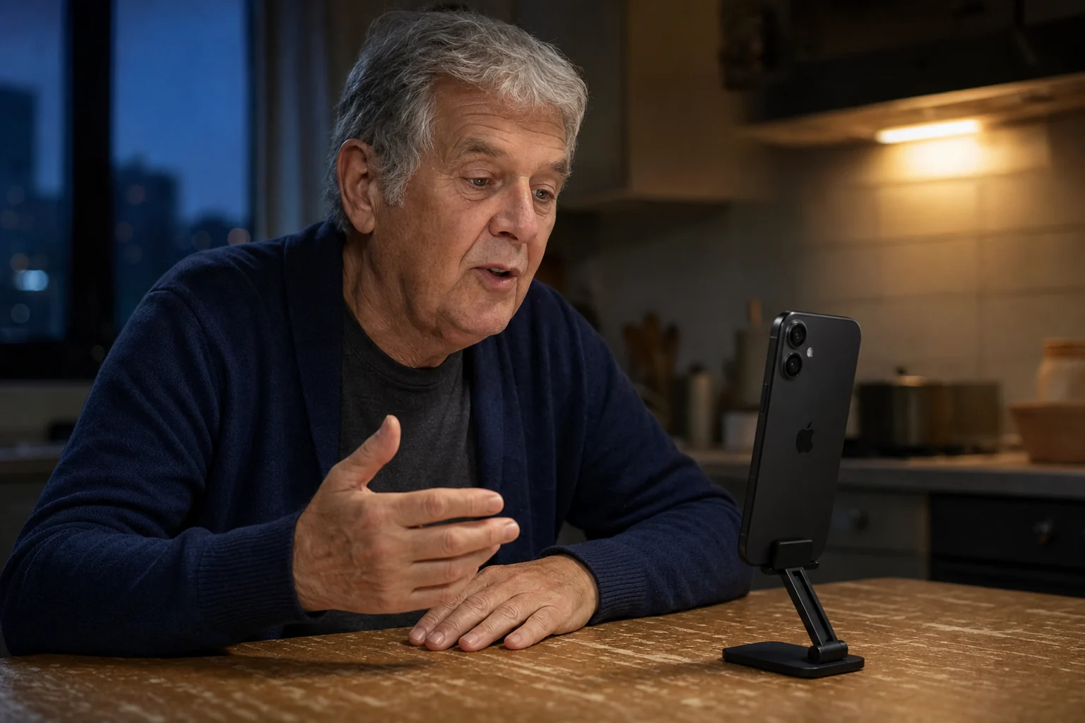 Talking to an iPhone on a stand at the kitchen table in the evening