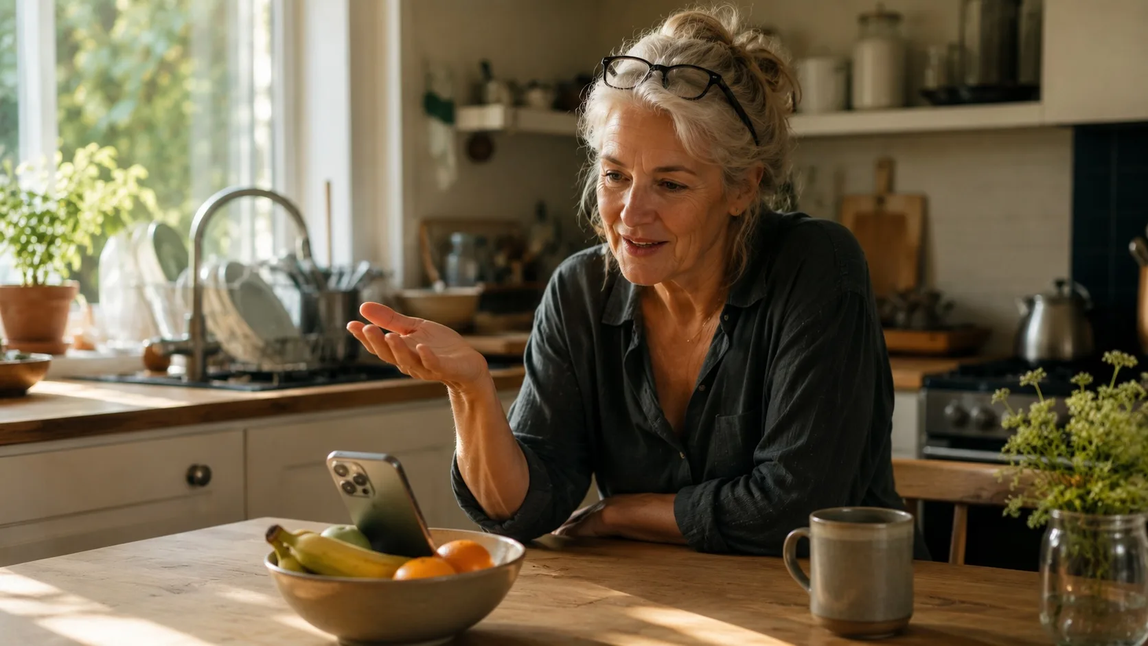 A woman in her sixties at her kitchen table, casually talking to the smartphone propped up in front of her