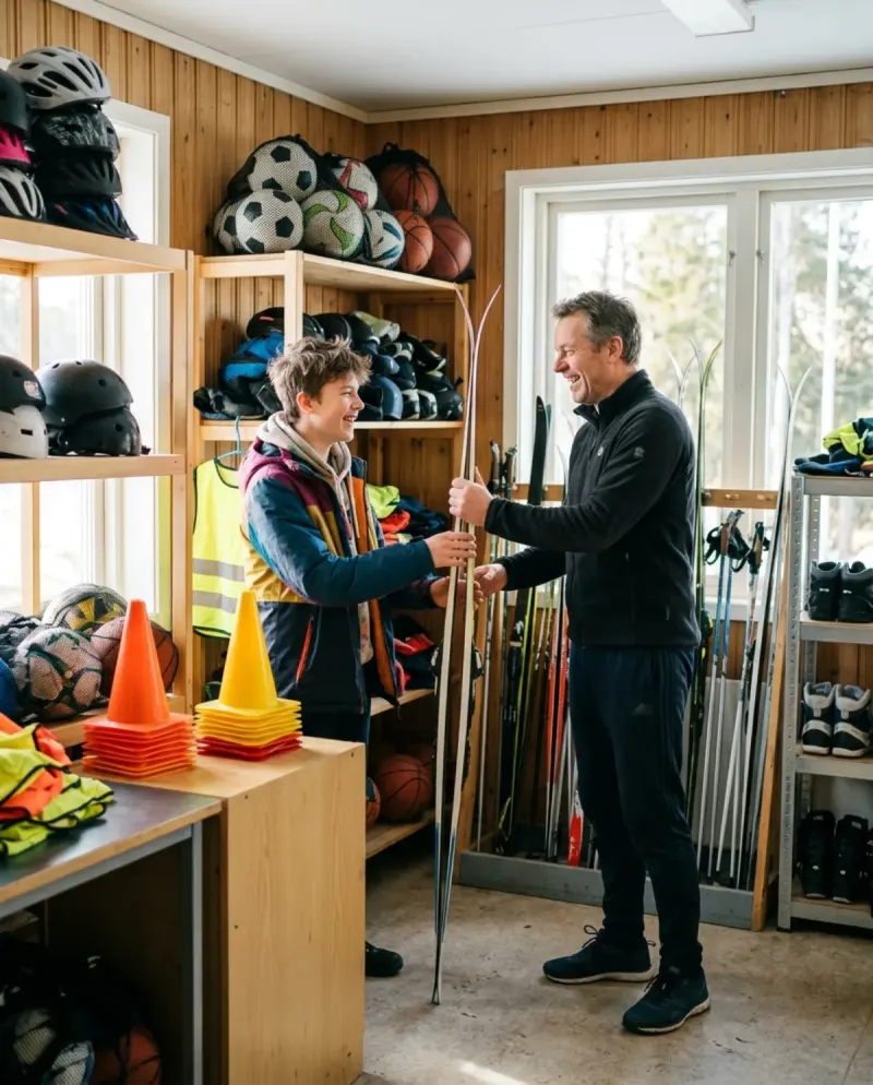 A coach hands a pair of skis to a teenager in the club's equipment room