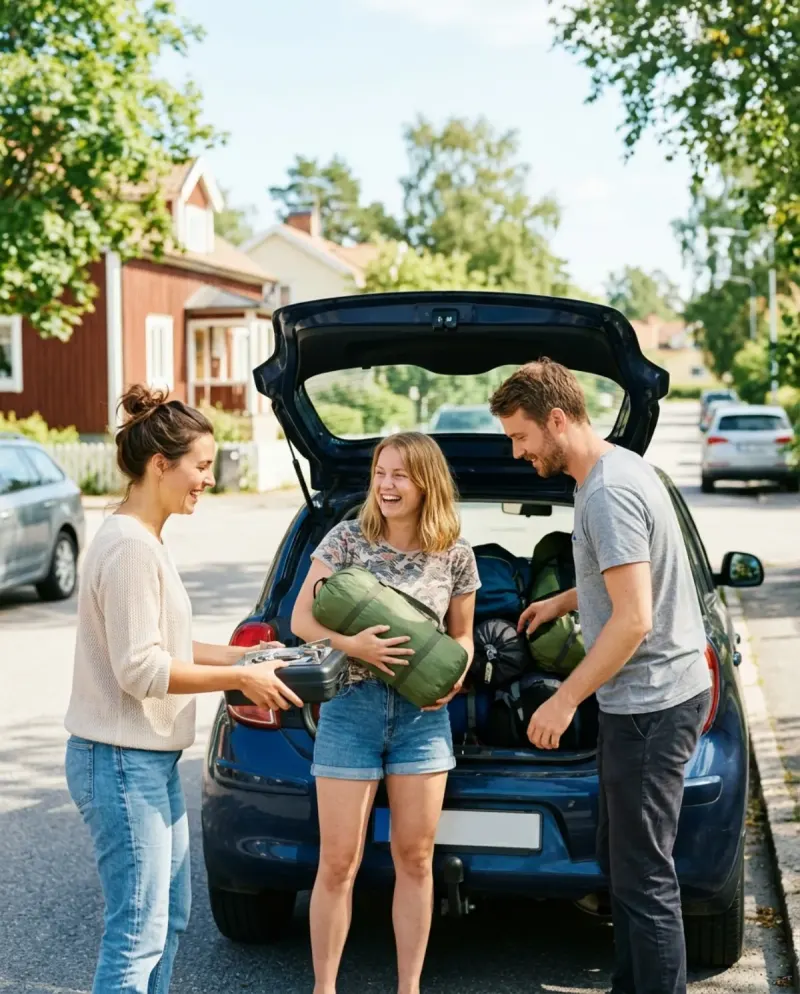 Three friends load a tent into the boot of a car