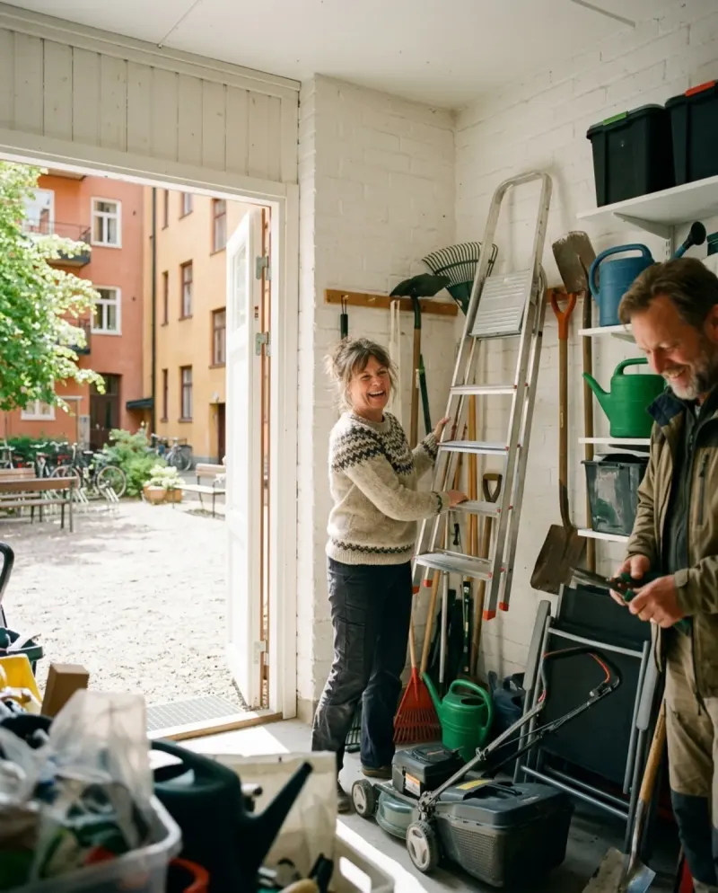 A woman lifts a ladder off the wall in a tidy shared storage room